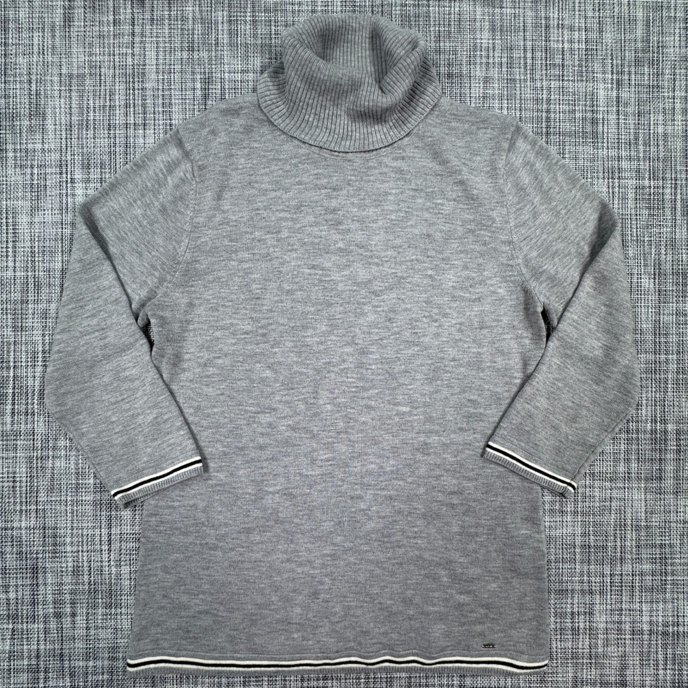 Tommy Hilfiger Women Gray Turtleneck Sweater 3/4 Sleeve Striped Trim Size Medium